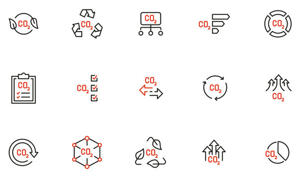 Vector Set of Linear Icons Related to Increasing Environmental Pollution. Level and Measurement of Carbon Dioxide. Mono Line Pictograms and Infographics Design Elements