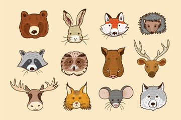 Forest animals face vector illustrations set.