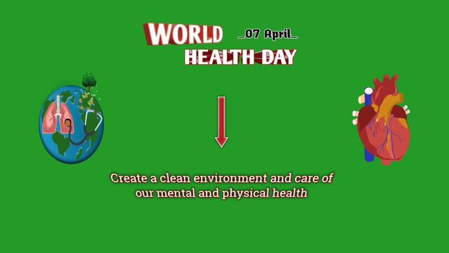 Healthy world.  World Health Day animated video concept with earth object, beating heart and stethoscope.  moving image illustration for April 07 