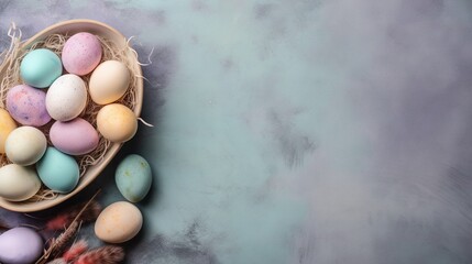 Easter holiday background with copy space. Top view Easter eggs, colorful wallpaper