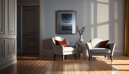 Fototapeta premium Modern interior design of scandinavian apartment, living room with sofa over the wall. Home interior Generative AI