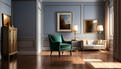 Fototapeta premium Living room interior of furnished apartment cozy couch sofa wooden flooring Generative AI