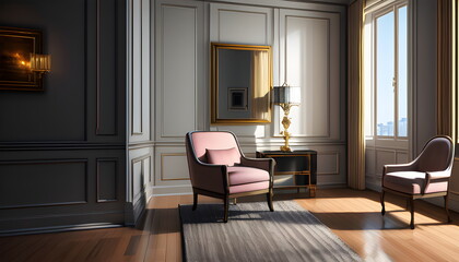 Fototapeta premium Living room interior of furnished apartment cozy couch sofa wooden flooring Generative AI