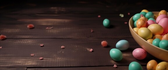Obraz premium Easter holiday background with copy space. Side view Easter eggs, colorful wallpaper