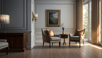 Fototapeta premium Modern interior design of scandinavian apartment, living room with sofa over the wall. Home interior Generative AI