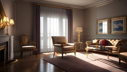 Modern interior design of scandinavian apartment, living room with sofa over the wall. Home interior Generative AI