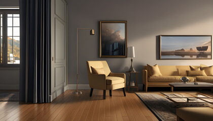 Fototapeta premium Modern interior design of scandinavian apartment, living room with sofa over the wall. Home interior Generative AI