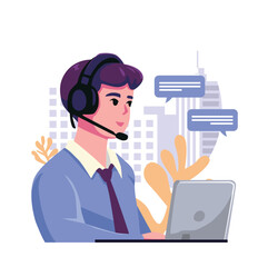 Fototapeta na wymiar Operator in headset talking to customers, business clients, helping and consulting online flat illustration