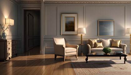 Modern interior design of scandinavian apartment, living room with sofa over the wall. Home interior Generative AI