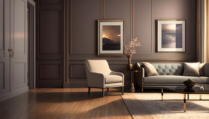 Living room interior of furnished apartment cozy couch sofa wooden flooring Generative AI