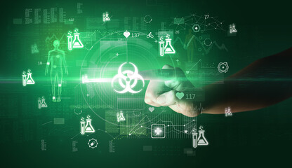 Doctor hand pressing futuristic health device with medical symbol on screen