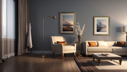 Fototapeta premium Modern interior design of scandinavian apartment, living room with sofa over the wall. Home interior Generative AI