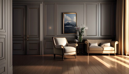 Fototapeta na wymiar Living room interior of furnished apartment cozy couch sofa wooden flooring Generative AI