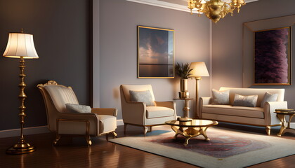 Living room interior of furnished apartment cozy couch sofa wooden flooring Generative AI