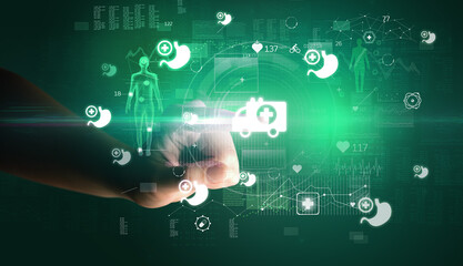 Doctor hand pressing futuristic health device with medical symbol on screen