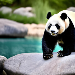 Fototapeta premium A panda on a rock with water in the background