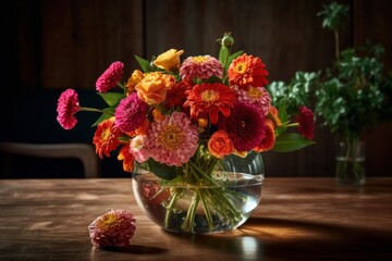 Illustration of a beautiful glass vase overflowing with vibrant and colorful flowers created with Generative AI technology