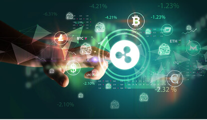 Business person hand pushing currency symbol on multimedia touch screen