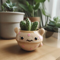 small cute succulent planter with ears and smiley face, made with generative ai
