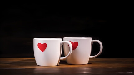 Couple white cups with decoration by red hearts on wooden table. Valentines day celebration concept. Copy space.