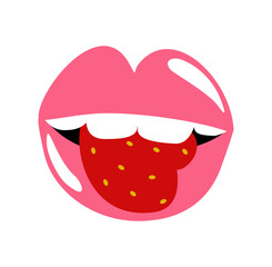 Vector isolated illustration with female mouth eating strawberry. Mukbang concept.