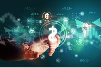 Business person hand pushing currency symbol on multimedia touch screen