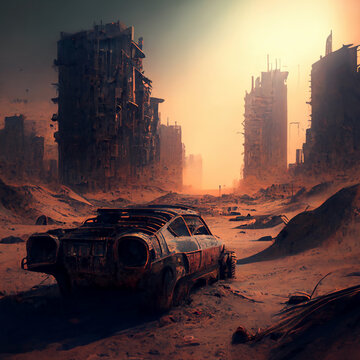 Post apocaliptic wasteland. Generative AI
