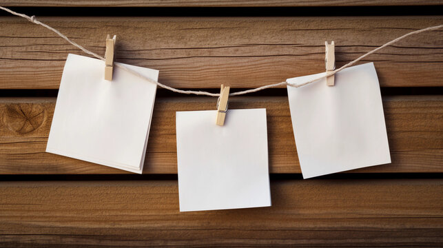 Empty paper notes on a rope. A design element. Brown wooden background. Copy space.