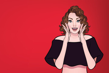 Wow, look at this. The surprised woman put her hand on her cheek. Excited surprised woman stating blank space for advertisement or promotional text cartoon illustration