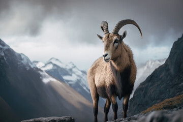 Naklejka na ściany i meble Lonely alpine ibex in the mountain landscape with clouds and fog on a sunny day. Generative AI