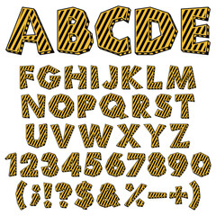 Colored chopped alphabet, numbers and signs with warning markings. Isolated vector objects on white background.