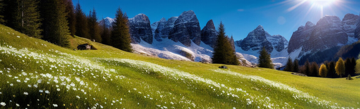 Illustration of a beautiful green field with white flowers and a majestic mountain in the distance created with Generative AI technology