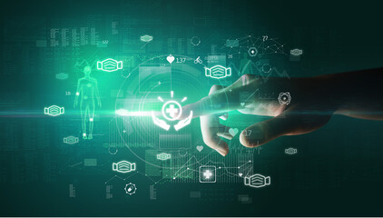 Doctor hand pressing futuristic health device with medical symbol on screen