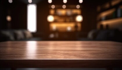 Dark wooden empty table for product display with blurrd living room background. Generative AI