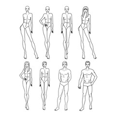 Template of Eight Slender Models of Women and Men. Vector Illustration Posing Beautiful Models. Sketch Fashion Figures