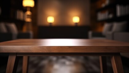 Empty wooden table in dark stylish living room with blurred background. Generative AI