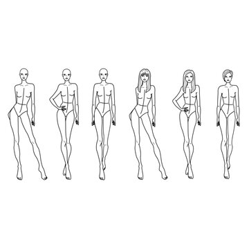 Six Slim Fashionable Women Template. Vector Illustration Posing Figures Models