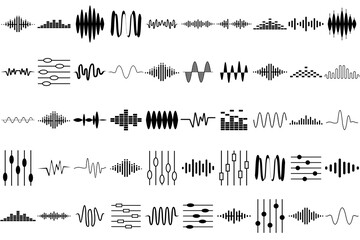 Sound waves set. Modern sound equalizer. Radio wave icons. Volume level symbols. Music frequency - obrazy, fototapety, plakaty