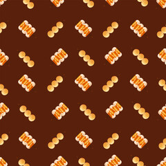 Chinese food seamless pattern. Hand drawn different types of asian food in wooden steamers repeating background. Tasty chinese food, delicious har gao, sticky rice, rolls.