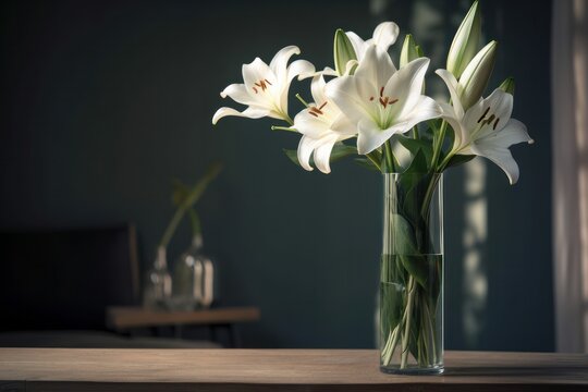 Illustration of a vase of white white oriental lilies placed on a wooden table near a window, with sunlight streaming in created with Generative AI technology