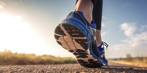 Close - up at the runner feet is running street in blue sky in the city, street and road. Trail running sport action and human challenge concept by ai generative