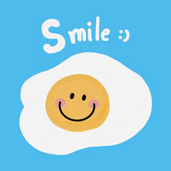 Cartoon drawing egg smile on blue background.