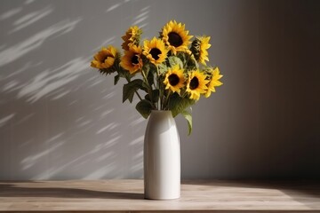 Illustration of a beautiful white vase filled with vibrant sunflowers resting on a rustic wooden table