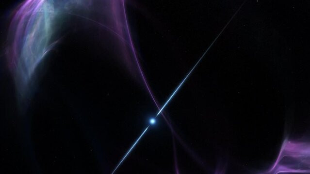 Concept of spinning pulsar in space nebula emitting high energy gamma ray bursts. 3D animation track-in shot depicting blinking radiation flares of a magnetar or neutron star core in interstellar gas.