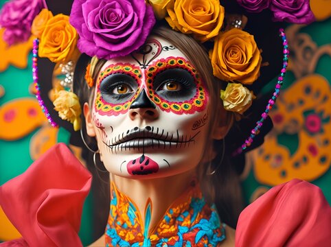 Beautiful, pretty, attractive young sugar skull girl, woman portrait in costume, dressed for mexican Day of the dead celebration (Dia de los Muertos), tradition, folklore in Mexico - generative AI
