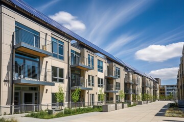 Fototapeta na wymiar Using solar panels to reduce a buildings carbon footprint and benefits of using solar panels in multifamily reside, generative artificial intelligence