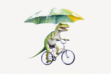 Cute funny Tyrannosaurus Rex dinosaur riding old-fashioned bicycle under umbrella, AI generative clip art