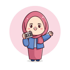 Cute hijab girl holding camera greeting female muslim photographer kawaii chibi
