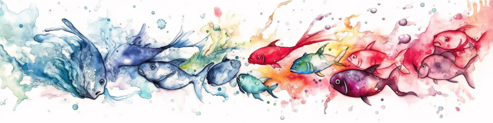 Divider colorful fish, water waves, bubbles and splashes, watercolor style, multicolor composition on off white background, AI generative panoramic banner