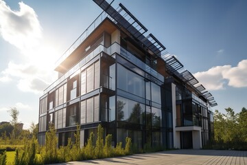 Fototapeta na wymiar Using solar panels to reduce a buildings carbon footprint and benefits of using solar panels in multifamily reside, generative artificial intelligence